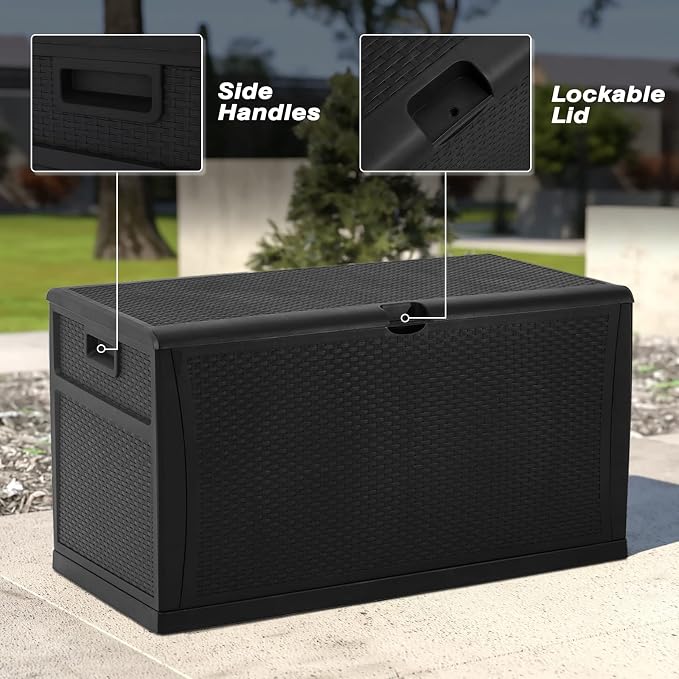 120 Gallon Resin Wicker Patio Storage Box, Outdoor Storage Container Deck Box and Gar,(Black)