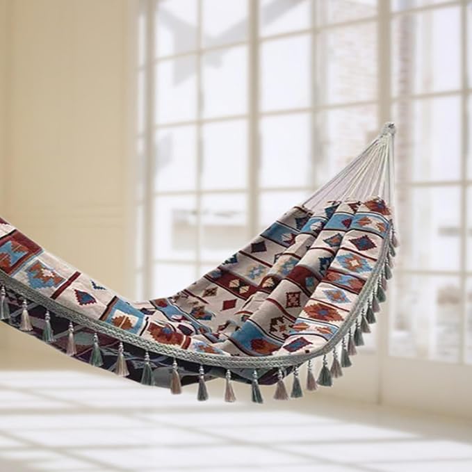 Double Boho Macrame Hammock with Tassels, Portable Patio Hammock with Carry Bag for Poolside, Camping, Porch Patio, Bedroom, Balcony, Outdoor＆Indoor（59''*79''）