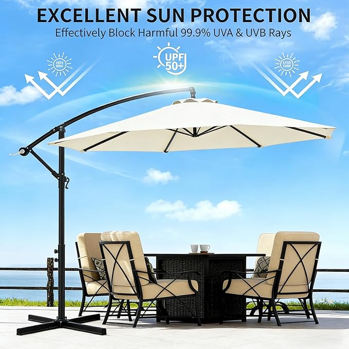 10ft Offset Hanging Market Patio Umbrella w/Cross Base, Outdoor Large Round Aluminum Cantilever Umbrella w/Easy Tilt Adjustment, Fade Resistant Waterproof 8 Ribs Canopy, for Yard, Garden & Dec