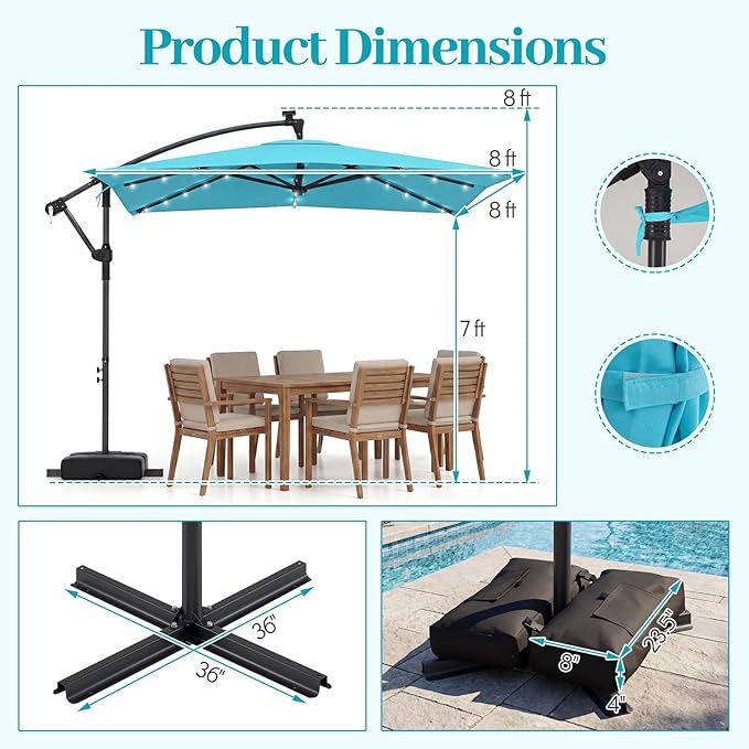 Tangkula 8x8 FT Solar Patio Umbrella with Base Included, Square Offset Cantilever Outdoor Umbrella with 360 Degree Rotation, 32 LED Lights, Crank Handle, 2 Sandbags, 8 Ribs, Air Vent for Pool Deck Garden Backyard