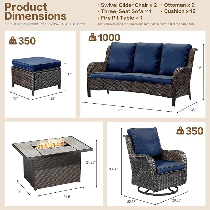 7 Pieces Outdoor Patio Furniture Conversation Set Rattan Wicker with Fire Pit Table, 3 Seat Sofa, 2 Swivel Rocker Chairs, 2 Ottomans and 1 Side Table for Yard Backyard BNB (Brown/Navy Blue)