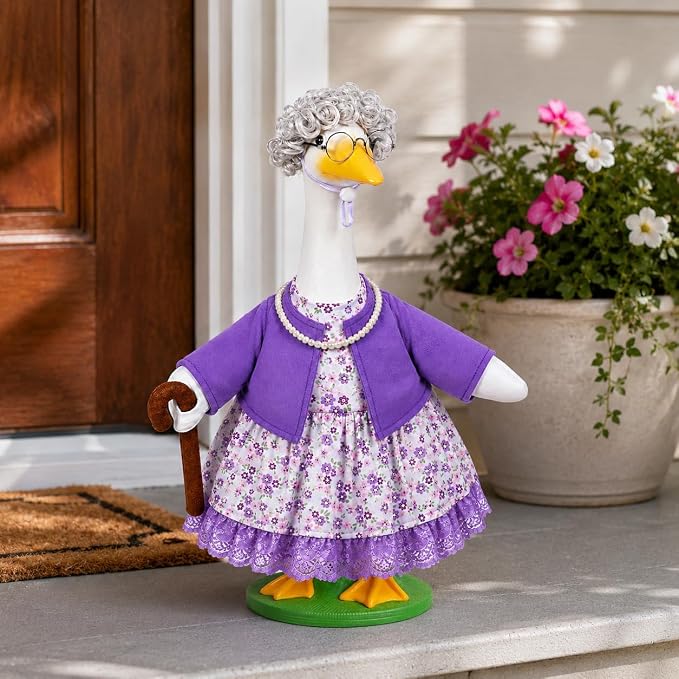JcHrmers Old Lady Goose Outfits Porch Goose Clothes Fits 23" Cement Plastic Goose Statue Grandma Goose Outfit with Wig Glasses Pearl Necklace for School Outdoor Garden Lawn Yard Patio Art Decor