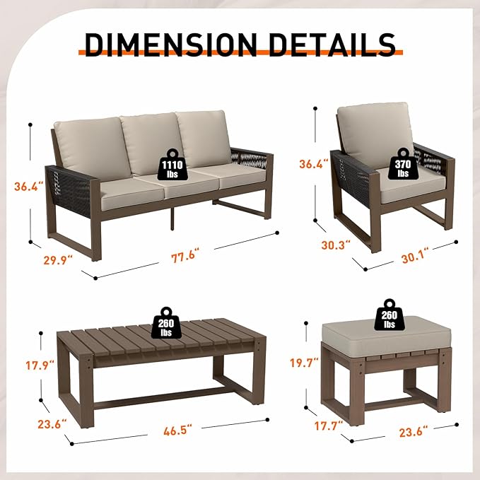 Rustic Hideaway Natural Cedar Wood Outdoor Furniture Set, Wicker Patio Conversation Set for Porch Garden Backyard, Couch, 2 Patio Chairs, Table and 2 Ottomans, 6 Piece, Brownish/Beige