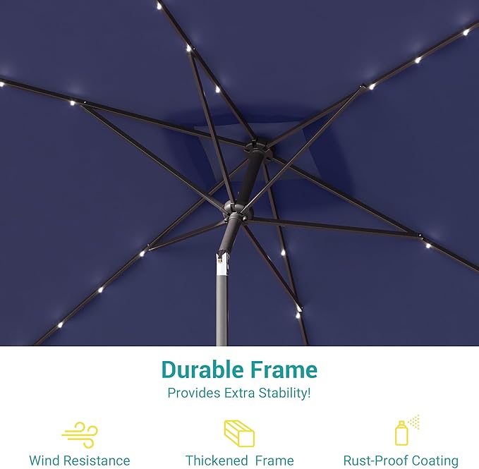 Rectangle Patio Umbrella with Solar Lights, 10 x 6.5ft Rectangular Outdoor Umbrella Table Market Patio Umbrella with Push Button Tilt and Crank for Garden, Deck, Backyard, Pool