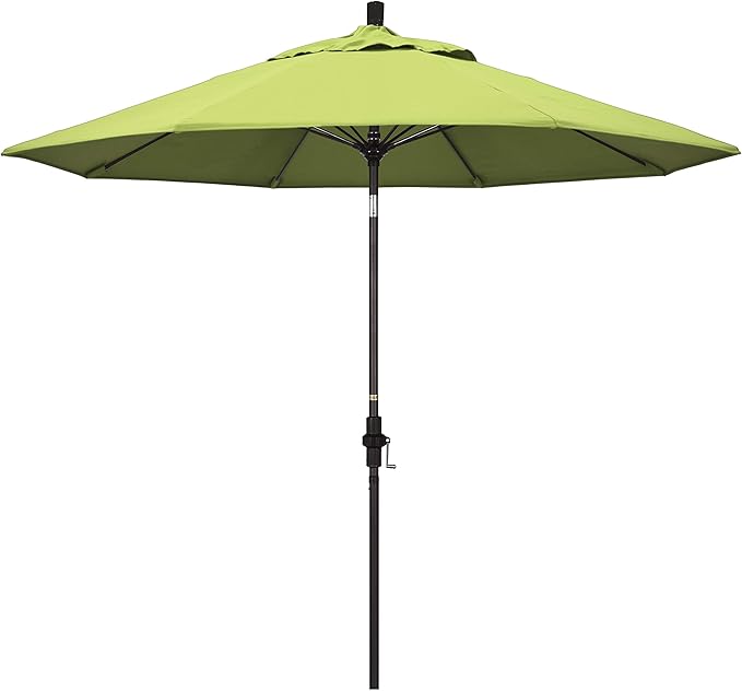 California Umbrella 9' Round Crank Lift, Collar Tilt, Aluminum Pole, Fiberglass Rib Patio Umbrella, Bronze Finish, Sunbrella Parrott
