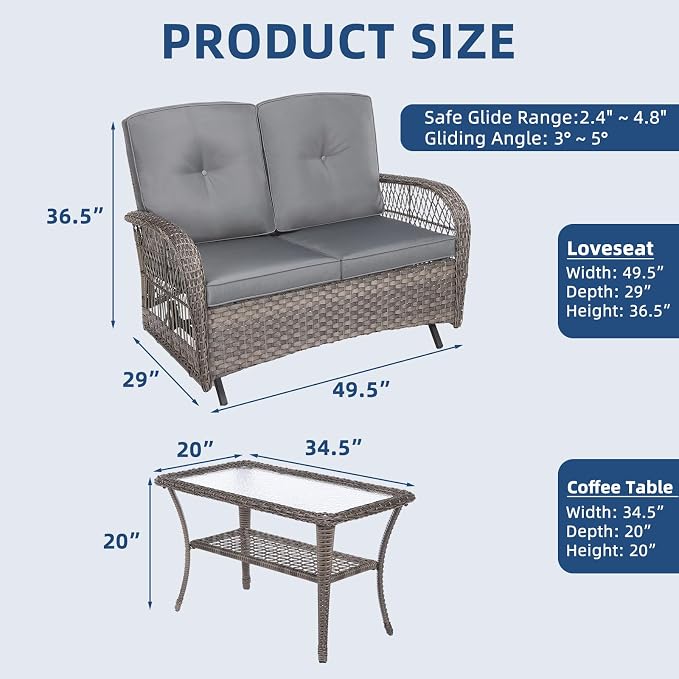 2 Piece Outdoor Wicker Gliding Loveseat Set, Patio Conversation Furniture Sets with 2-Seater Glider Rocking Bench, Glass-Top Coffee Table and Cushions for Porch Garden Poolside, Gray