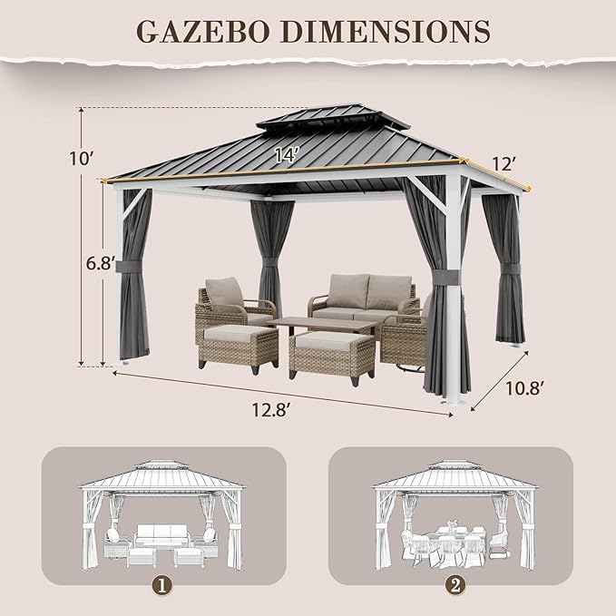 EAGLE PEAK 12x14 Hardtop Gazebo, Galvanized Steel Double Roof with Aluminum Frame, Outdoor Pavilion with Netting and Curtains for Patio, Deck, Lawn and Garden, White/Gray