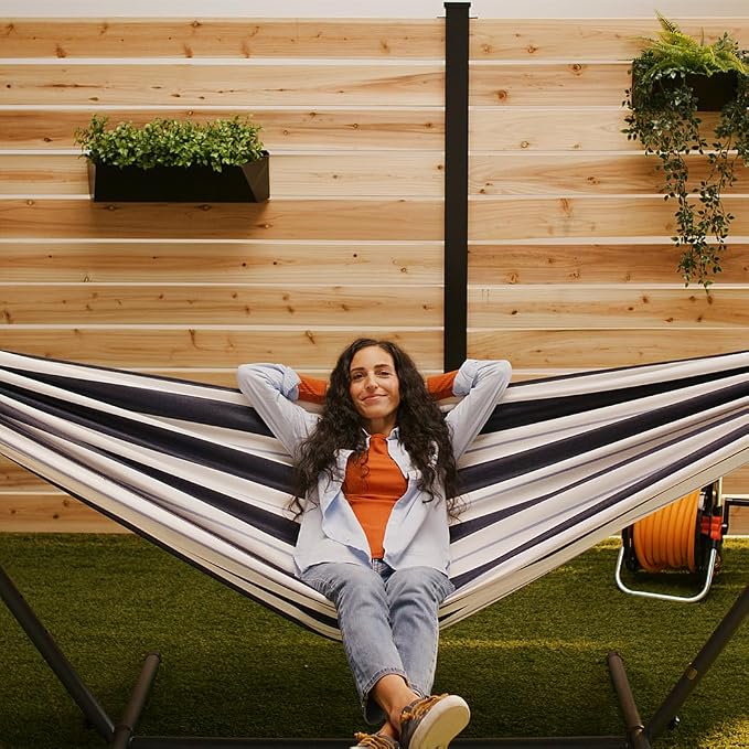 Vivere Double Sunbrella Hammock with Space-Saving Steel Stand, Heavy-Duty Portable Outdoor Hammock Set for Backyard, Patio, or Travel, Harbor