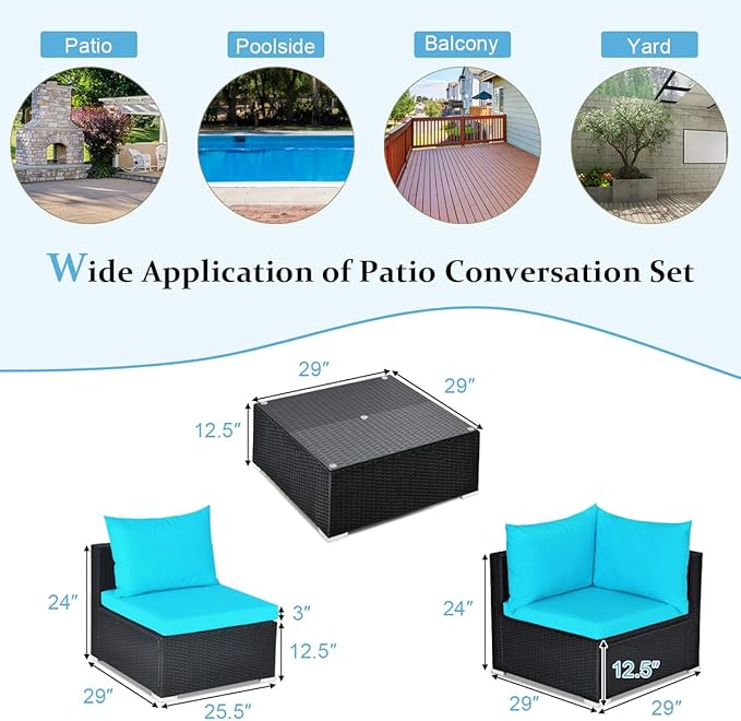 COSTWAY 7 Pieces Patio Furniture Set, Outdoor Rattan Conversation Set with 6 Seats, Coffee Tea Table, Soft Cushions, Wicker Patio Sectional Sofa for Garden Balcony Porch Poolside, Turquoise