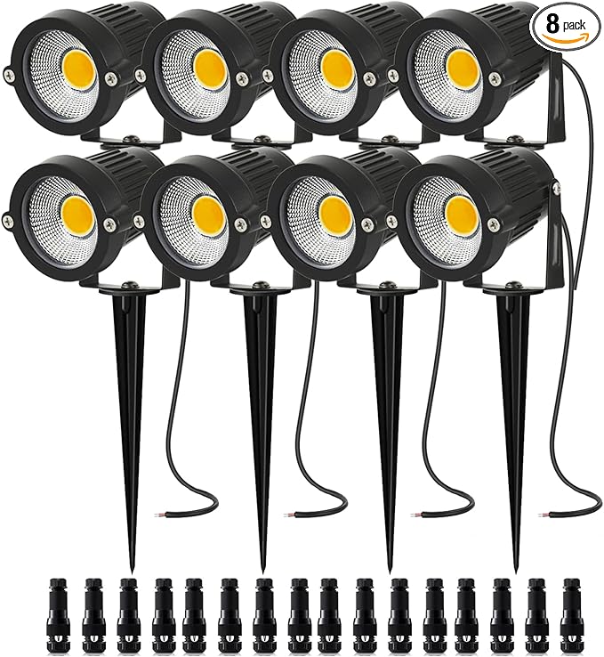 Low Voltage Landscape Lights 5W 500LM 12V 24V Outdoor LED Landscape Lighting 3000K Warm White IP66 Waterproof Garden Pathway Lights Yard Lawn Spotlights with Connectors (8 Pack)