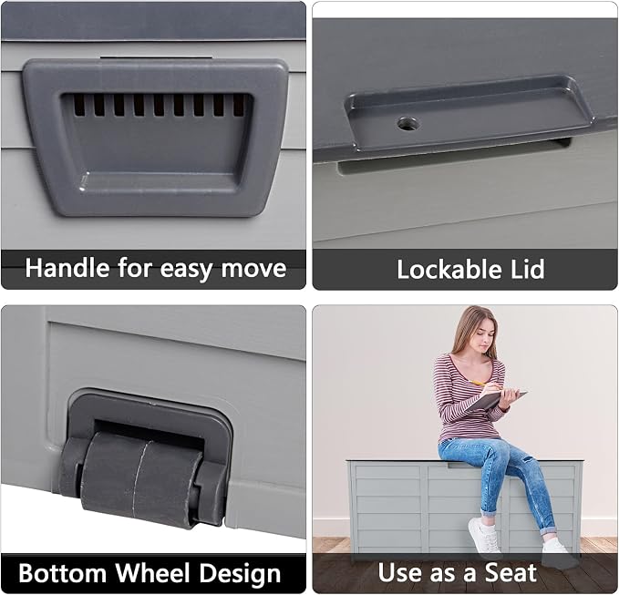 75 Gallon Outdoor Storage Box,Waterproof Deck Box with Lockable Lid&Wheels,Easy-open Outdoor Storage Bench with Handles for Garden,Pool,Balcony (Light Gray)