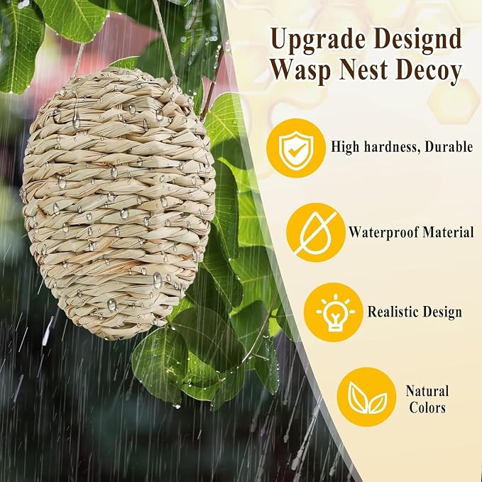 2 Pack Large Fake Wasp Nest Decoy, Woven Reed Wasp Hornet Decoys, Waterproof Faux Hornets Nest, Outdoor Hanging Decoration for Patio, Garden, Eaves