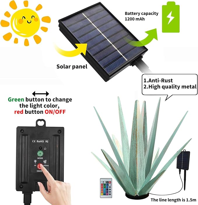 KODIBO Large Metal Agave Plant Outdoor Decor with Solar Light, Mint Green | Artificial Plant with Solar Light, Outdoor-Resistant Metal, Hand-Painted Finish, Tequila Rustic Sculpture, Garden Yard Statue