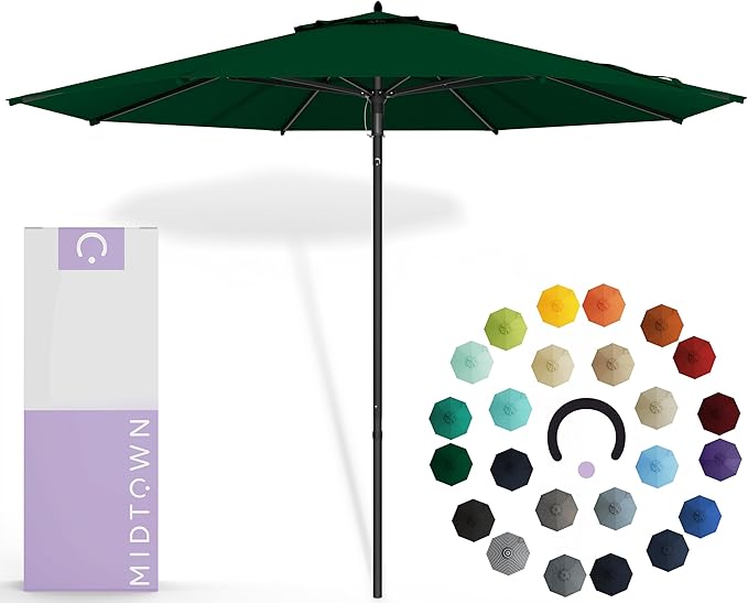 Midtown Umbrellas Push & Pop 10 Ft Patio Umbrellas with Push & Pop Mechanism, Fiberglass Ribs & Sunbrella Fabric – Outdoor Umbrella for Deck, Pool, Cafés and Hotels – Forest Green Canopy, Black Pole