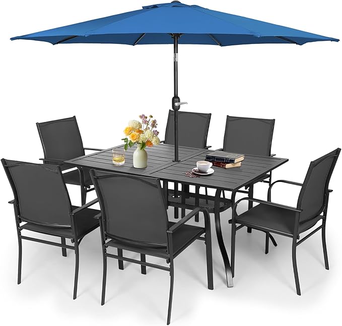 Crownland 7 Piece Patio Dining Set, Textilene Dining Sets, 6 Textilene Metal Chairs and Rectangular Outdoor Dining Table with Dark Blue 9FT Round Outdoor Umbrella (Black)