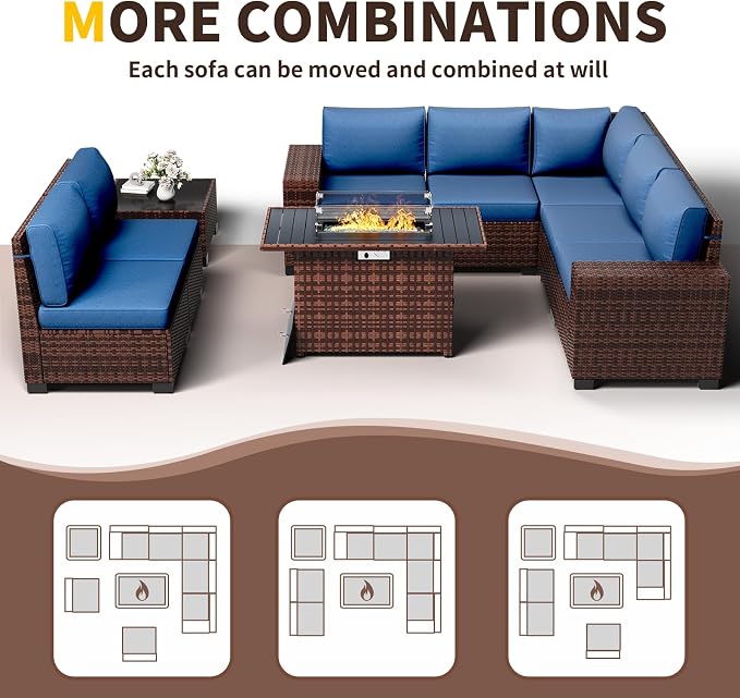 Patio Furniture with Fire Pit Table,8‘’ Wide armrest Outdoor Sectional Rattan Sofa Set, Wicker Patio Furniture Sets w/Coffee Table,Thick Cushions and Cover for Porch,Deck, 9PC(Brown&Navy)