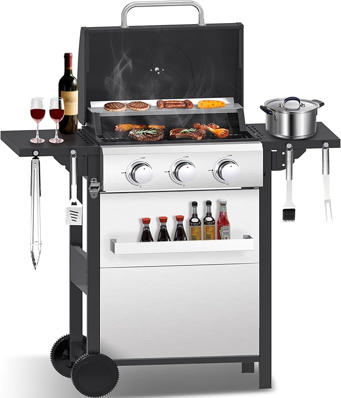 CIG GARDEN 3-Burner Propane Gas Grill,Outdoor Barbecue Grill with Side Tables and Wire Enamel Cooking Grids,31,500 BTU Output Stainless Steel Grill for Patio Garden Camping Backyard BBQ