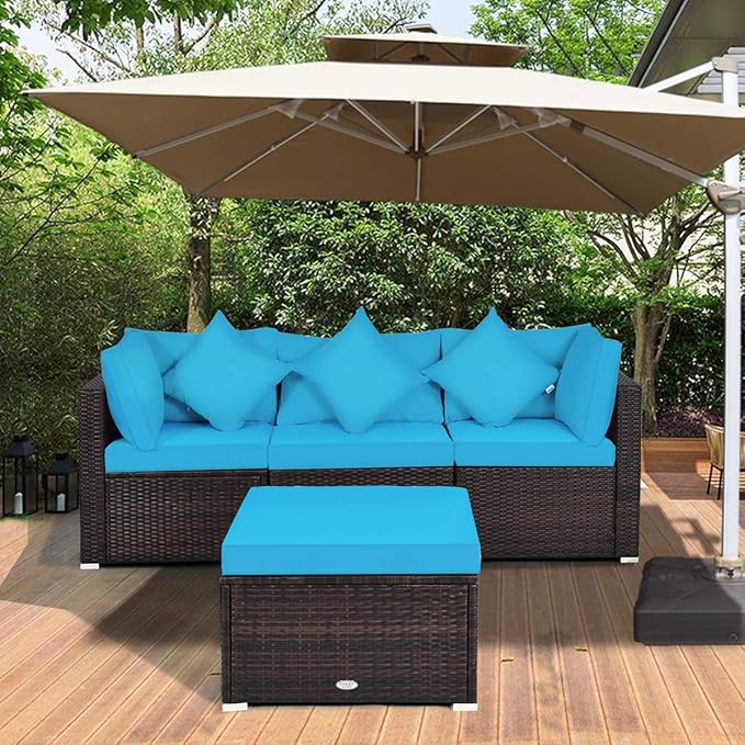 Tangkula 4 Pieces Patio Furniture Set, All Weather Outdoor Sectional Rattan Sofa Set w/Removable Cushions & Pillows, Wicker Conversation Set with Heavy-Duty Steel Frame for Backyard Garden Poolside
