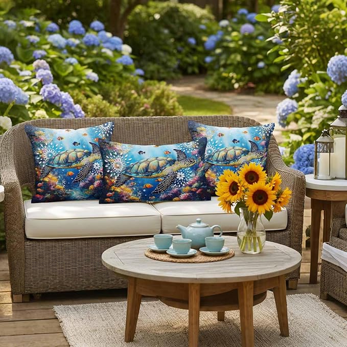 Turtle Waterproof Outdoor Pillow Covers Set of 2 Home Decor, Ocean Fish Coral Underwater World Cartoon Pillowcase Patio Pillow Covers for Couch Bench Furniture Garden 26x26in
