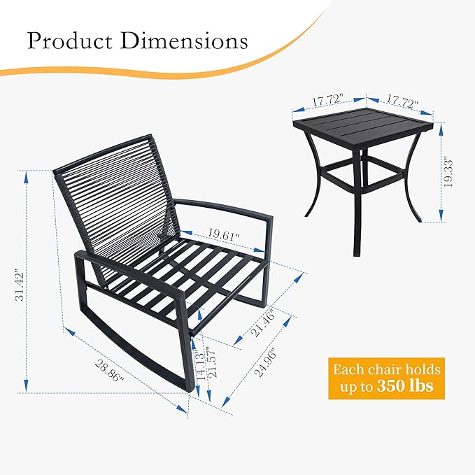 Domi Outdoor 3-Piece Wicker Rocking Chair Set, Patio Conversation Set with Removable Textilene Cushions & Metal Coffee Table, All-Weather Outside Chair Set of 3 for Balcony, Backyard, Pool, Beige