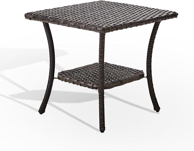Patio Wicker Side Table-Outdoor PE Rattan End Table with 2-Tier Storage Shelf Square Coffee Table for Deck Porch Garden Backyard-Brown