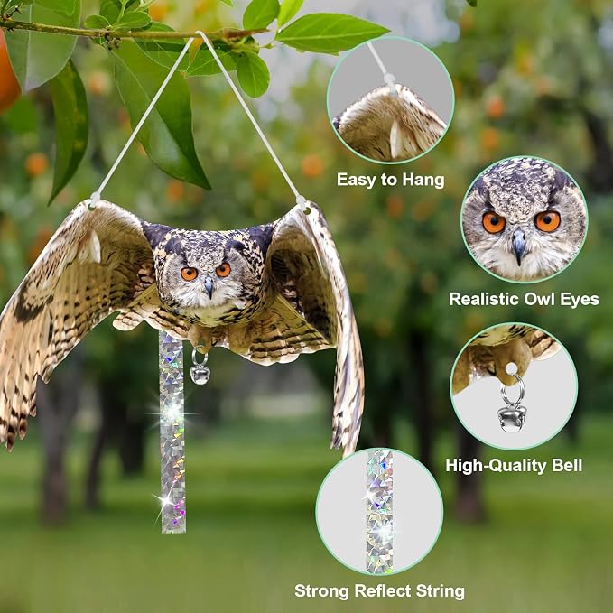 Owls to Keep Birds Away: 2Pack Fake Owls with Reflective Tape for Garden Patio, Reflective Hanging Decoration to Keep Birds Pigeon from Windows Tree