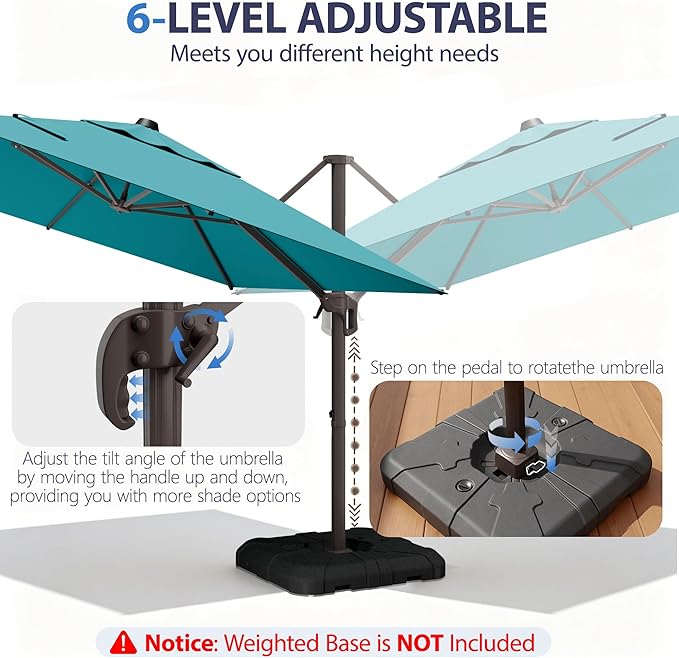 10' X 10' Patio Umbrella Cantilever Outdoor Rectangle Umbrella with Base Included, Heavy Duty 360°Rotation Offset Umbrella for Garden Deck Pool Patio, Turquoise