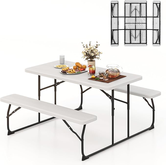 Tangkula Folding Picnic Table with 2 Benches, Outdoor Metal Camping Table Set with Plastic Wood-Like Texture Tabletop & Steel Frame, Foldable Camping Table for Picnic, Party, BBQ (White)