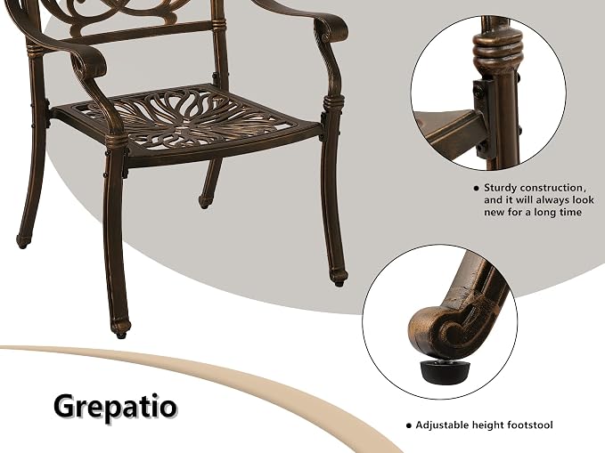Grepatio 5 Piece Cast Aluminum Patio Dining Set Outdoor Furniture Set 4 Patterned Back Chairs and 1 Large Square Table with 2.4" Umbrella Hole Outdoor Furniture Dining Set for Patio Garden