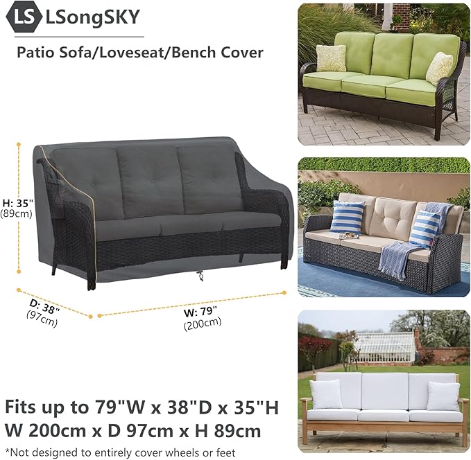Patio 3-Seater Sofa Cover,Outdoor Couch Cover Fits up to 79W x 38D x 35H Inches,100% Waterproof Heavy Duty Patio Furniture Covers,Black