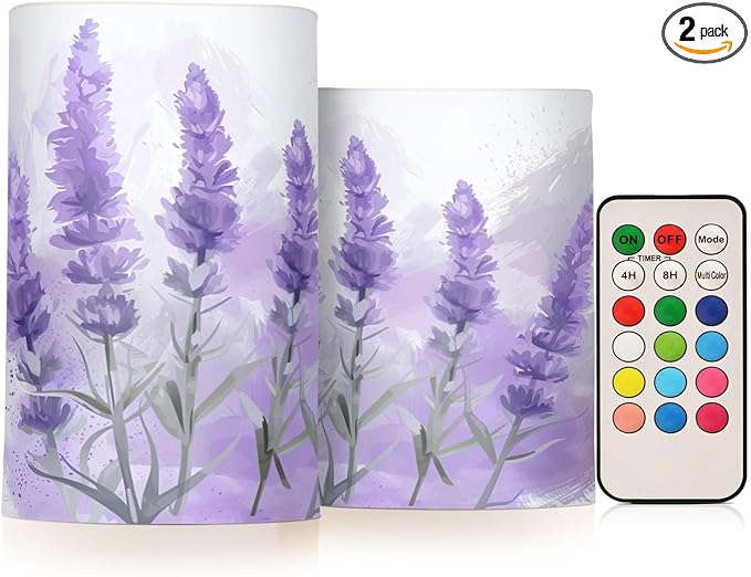 Watercolor Lavender Pattern Flameless Candles Color Changing LED Candles with Remote Control Battery Candles for Outdoor and Indoor Home and Room Decoration, 3'' x 4''/5'' Set of 2 Pieces