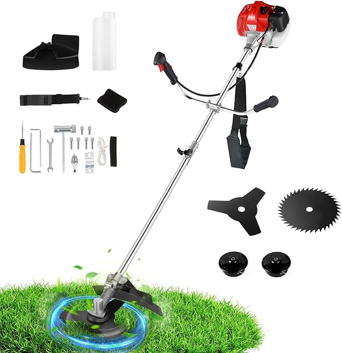 4-in-1 String Trimmer Gas Powered Weed Wacker, 58cc 2-Cycle Brush Cutter with 18" Cutting Path, Straight Shaft Gas Weed Eater with 4 Detachable Heads for Lawn, Garden, Yard, Red