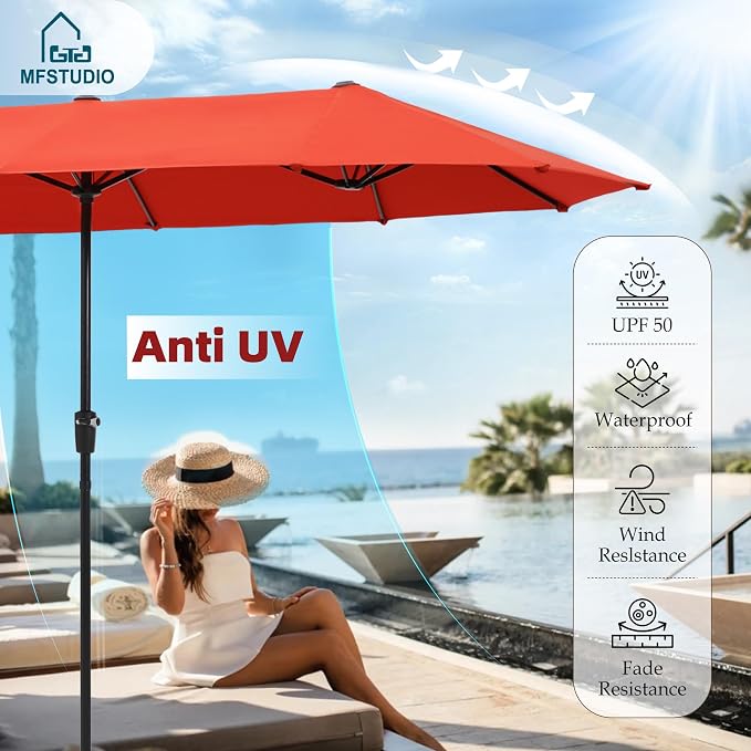 MFSTUDIO Outdoor Dining Set with Umbrella, Patio Dining Set for 6 Persons, Patio Furniture Set with Rectangle Table & Textilene Chairs & Orange Red Umbrella (Base not Included)