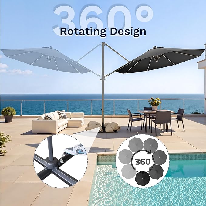 Devoko 10ft Solar LED Patio Umbrella, Round Cantilever Outdoor Umbrella with Solar Lights and 360-Degree Rotation, Large Hanging Offset Market Umbrella with Easy Tilt for Patio Deck Garden,Black