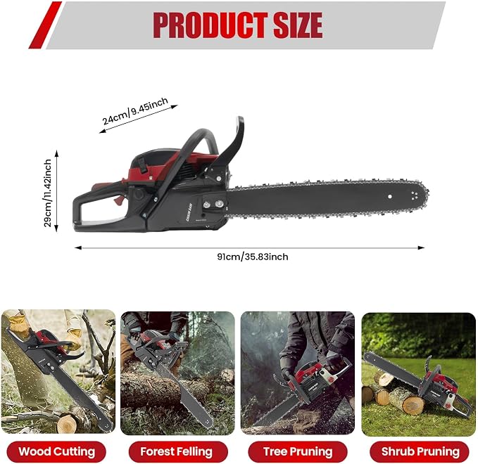 58CC 2-Cycle Gas Powered Chainsaw, 20-Inch Top Handle Chain Saw with Hand-Pull Start, Professional Wood Cutting Tools, Effectively Reduce Noise and Vibration