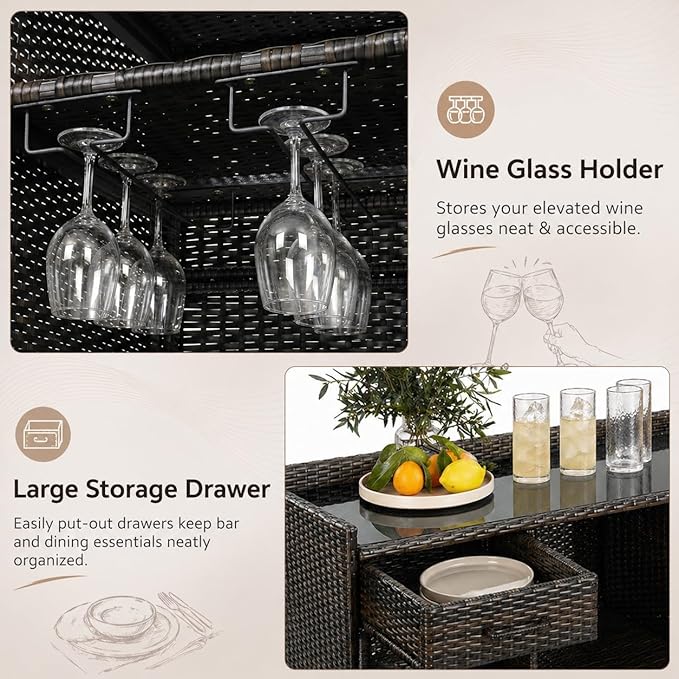 RUNNA 53.5" W Outdoor Wicker Storage Cabinet with Fridge Space,Weatherproof Outdoor Mini Fridge Bar Cabinet with Adjustable Shelves & Drawers for Pool Towel Storage,Garden,Kitchen (Black+Brown#64)