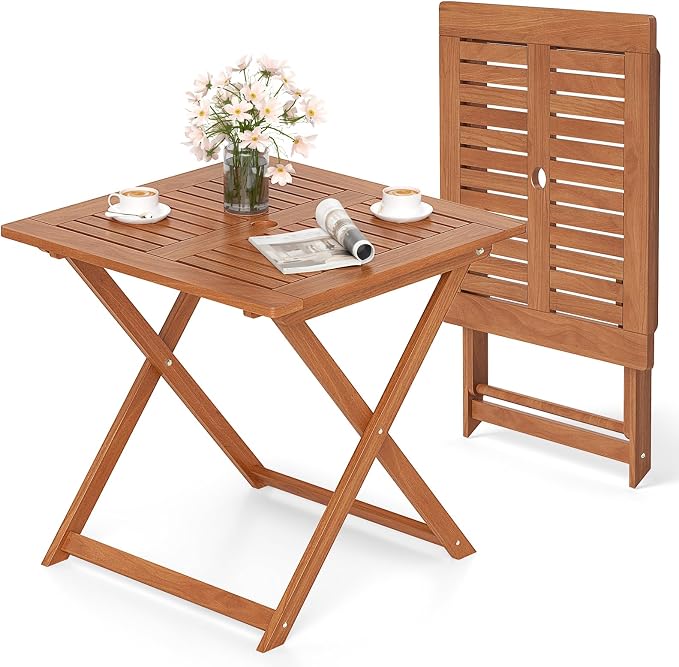 HAPPYGRILL Folding Patio Dining Table with Umbrella Hole, Solid Wood Square Table for 4 with Slatted Tabletop & X-Shaped Support Legs, Space-Saving Design, for Yard or Deck