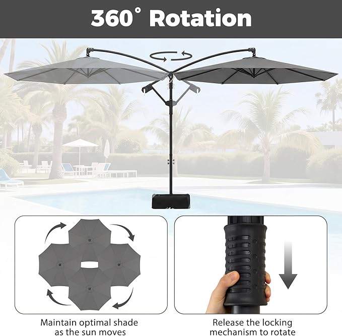 Tangkula 10ft Patio Umbrella with Base Included, Offset Cantilever Outdoor Umbrella with 360 Degree Rotation, Crank Handle, Sun-Protective Canopy for Pool Deck Garden Backyard (Gray)