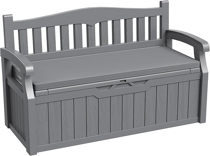 Greesum 80 Gallon Outdoor Storage Bench Deck Box with Cushion & Armrest, Lockable, Waterproof UV Resistant, Comfortable Seating for Patio, Pool, Garden, Grey