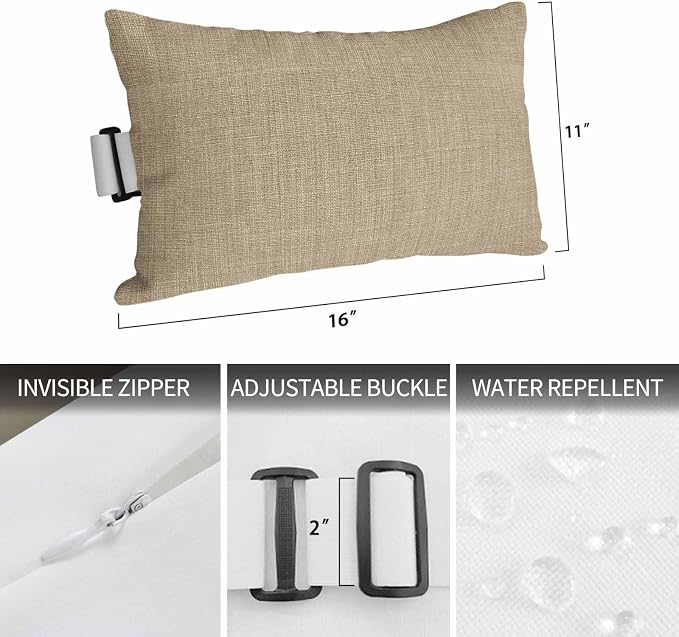 1PCS Outdoor Pillow for Chaise Lounge Chair Country Brown Linen Texture Waterproof Headrest Cushion with Insert Farmhouse Pure Color Style Lumbar Pillow for Beach Patio Poolside Office,11x16in
