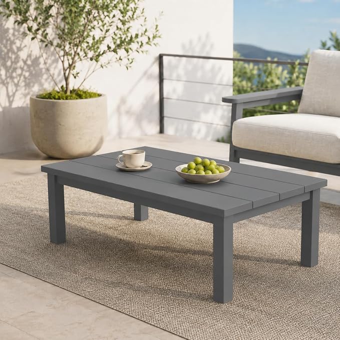 HDPE Outdoor Coffee Table, Weather-Resistant Rectangle Patio Coffee Table with Large Tabletop for Balcony, Deck, Garden, Poolside (Grey)