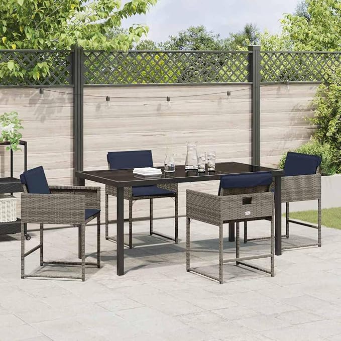 5 Piece Outdoor Garden Dining Set, Patio Furniture with Poly Rattan Chairs and Tempered Glass Table, Grey