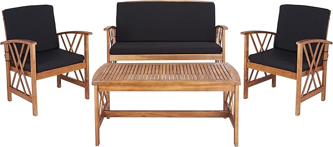 SAFAVIEH Outdoor Collection Fontana Natural/ Black Cushions 4-Piece Conversation Patio Set