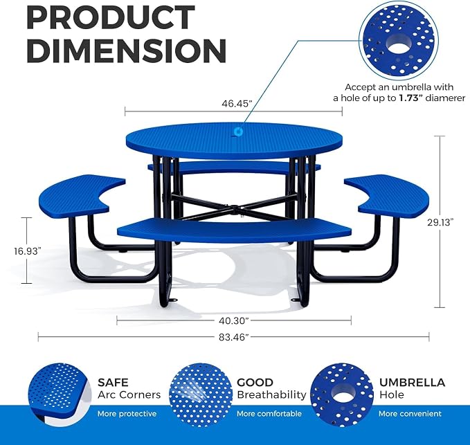 46" Coated Round Metal Picnic Table for 4-8 Person, Durable Heavy Duty Commercial Picnic Table with Umbrella Hole for Outdoor Coffee Shop, School, Easy to Install, Blue