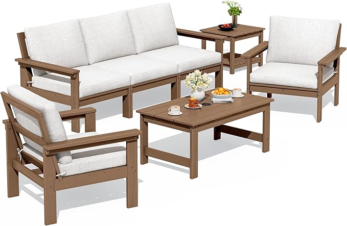 SERWALL HDPE Patio Furniture Set, 7-piece Outdoor Sectional Sofa Set, All Weather Outdoor Couch Set for Deck, Lawn, Brown Frame with Khaki Cushion
