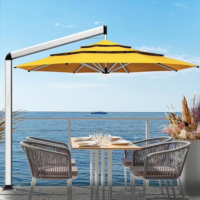 EliteShade USA Atlas 3-Tier 11FT Full Aluminum Cantilever Patio Umbrella for Outdoor Restaurant Garden Courtyard Deck Pool and Marketing with Light (No battery), Sunflower Yellow