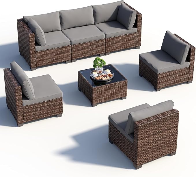 7 Pieces Wicker Patio Conversation Set Grey Outdoor Sectional Rattan Sofa Set Patio Furniture Sets with Cushions and Glass Coffee Table for Balcony Porch Garden
