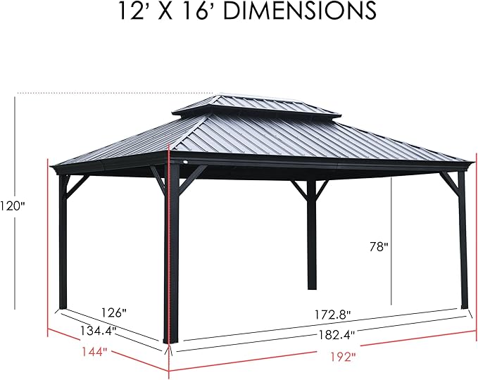 Kozyard Alexander 12' x 16' Hardtop Gazebo, Aluminum Frame with Galvanized Steel Double Roof, Outdoor Permanent Pavilion with Curtains and Netting for Patio, Backyard, Deck, Lawn (Gray)