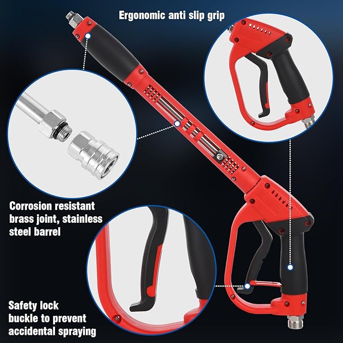 Long Handle Pressure Washer Gun with 5 Nozzle Tips - 5000 PSI Adjustable High Pressure Water Wand with Swivel 3/8" Plug & M22 Coupler, 2 Extension Wands - for Car, Patio Cleaning and Daily use.