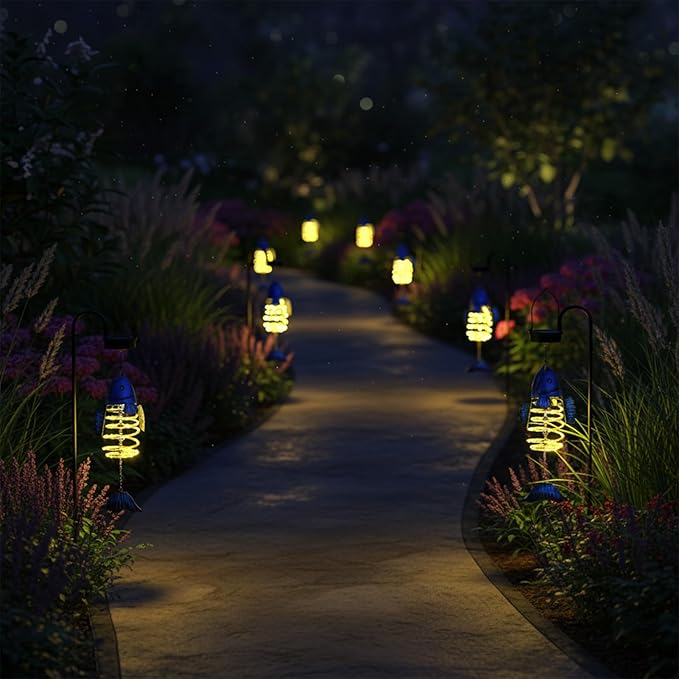 2 Pack Fish Solar Lights Outdoor Hanging Lantern with Handle, Solar Powered Fish Garden Decor for Outside Patio Yard Porch Pathway Fish Gifts for Women (Warm White LED Lights)